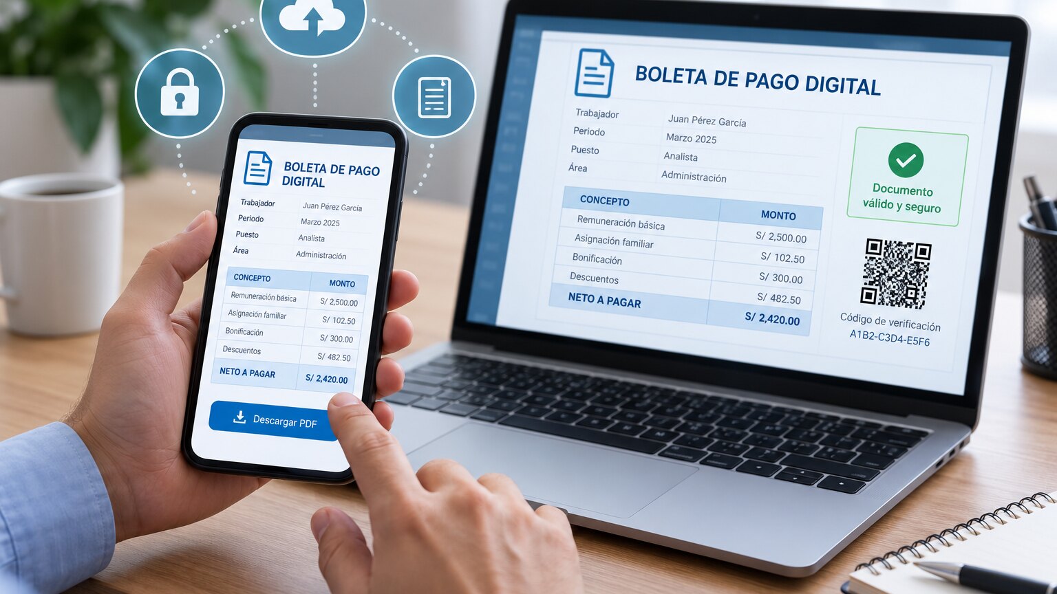Trabajador consultando su boleta de pago digital desde el celular en Perú